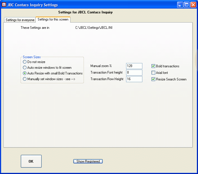 Settings for this screen