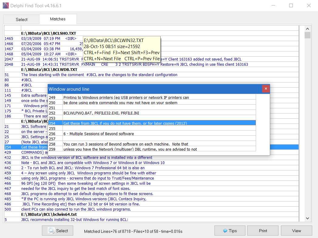Dfind results screen
